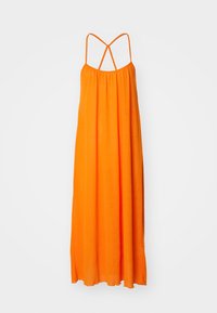 Vestido largo sin mangas de tejido naranja brillante. Presenta un escote fruncido y un diseño de tirantes entrecruzados en la parte posterior. Silueta fluida.