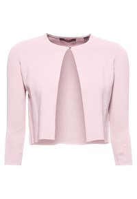 Cardigan corto de punto rosa con cuello redondo y abertura frontal. Cuenta con mangas largas y tejido texturizado. Diseño simple y minimalista.