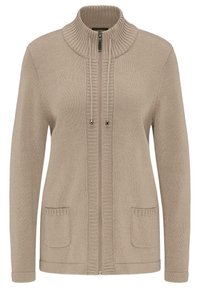 Beige Strickjacke mit Reißverschluss, die über einen gerippten Kragen und Bündchen, eine gestrickte Textur, große Fronttaschen und eine Kordelzugverschluss mit metallischen Akzenten verfügt.