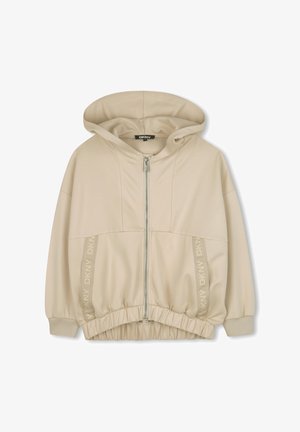 Sweat à capuche zippé beige avec une capuche, une taille élastique et des accents de logo imprimés sur le côté. Tissu doux avec une texture lisse.