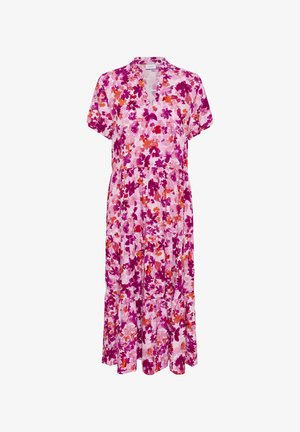 Blomstret midi-kjole i rosa, med korte ermer, v-hals og lagdelt skjørt. Stoffet har livlige lilla og oransje blomsterdesign.