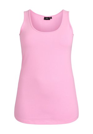 Svijetloružičasti top bez rukava izrađen od mekanog materijala. Ima okrugli izrez i široke naramenice, a donji rub se blago zakrivljuje.
