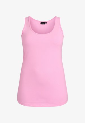 Hellrosa Tanktop aus weichem Stoff. Verfügt über einen runden Ausschnitt und breite Schulterträger, mit einem Saum, der sich sanft am unteren Ende krümmt.