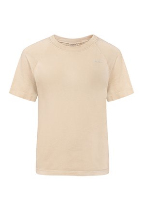 T-shirt beige a maniche corte realizzato in tessuto morbido. Presenta un collo rotondo e maniche raglan. Dettaglio logo discreto sul petto.