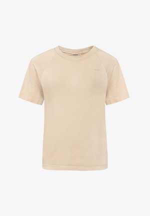 T-shirt beige a maniche corte realizzato in tessuto morbido. Presenta un collo rotondo e maniche raglan. Dettaglio logo discreto sul petto.