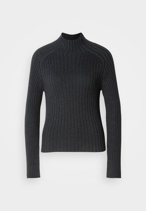 Dunkelgrauer, gerippter Pullover mit langen Ärmeln und hohem Kragen, der sich durch eine körpernahe Passform und eine subtile Textur auszeichnet.