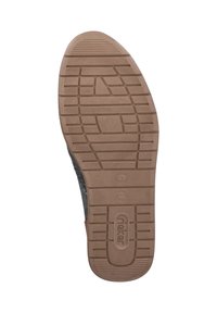 Treaded sole of a brown shoe with a geometric pattern, size 41 marking, and "rieker" brand name embossed near the heel.