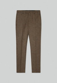 Hnědé a černé nohavice s houndstooth vzorem, rovného střihu, s poutky na opasek, nažehlenými sklady a přizpůsobeným střihem.