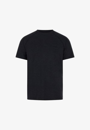 Schwarzes Crew-Neck T-Shirt aus glattem Stoff. Verfügt über kurze Raglanärmel und ein dezentes, geprägtes Logo im Bereich der vorderen Brust.