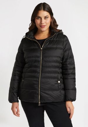 Black puffer jacket with horizontal quilted design, zip-up front, and hood. Features gold-tone zipper and button accents. Soft, smooth texture.