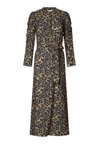 Blommönstrad lång klänning i beige och mörkblå, med lång ärm, knytning i midjan och en hel längd silhuett med rak skärning.