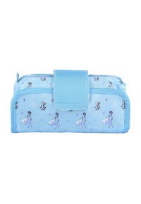 Niebieska etui na przybory o gładkiej fakturze, z nadrukowanymi postaciami i diamentowymi kształtami na powierzchni, zapinane na niebieski rzep.