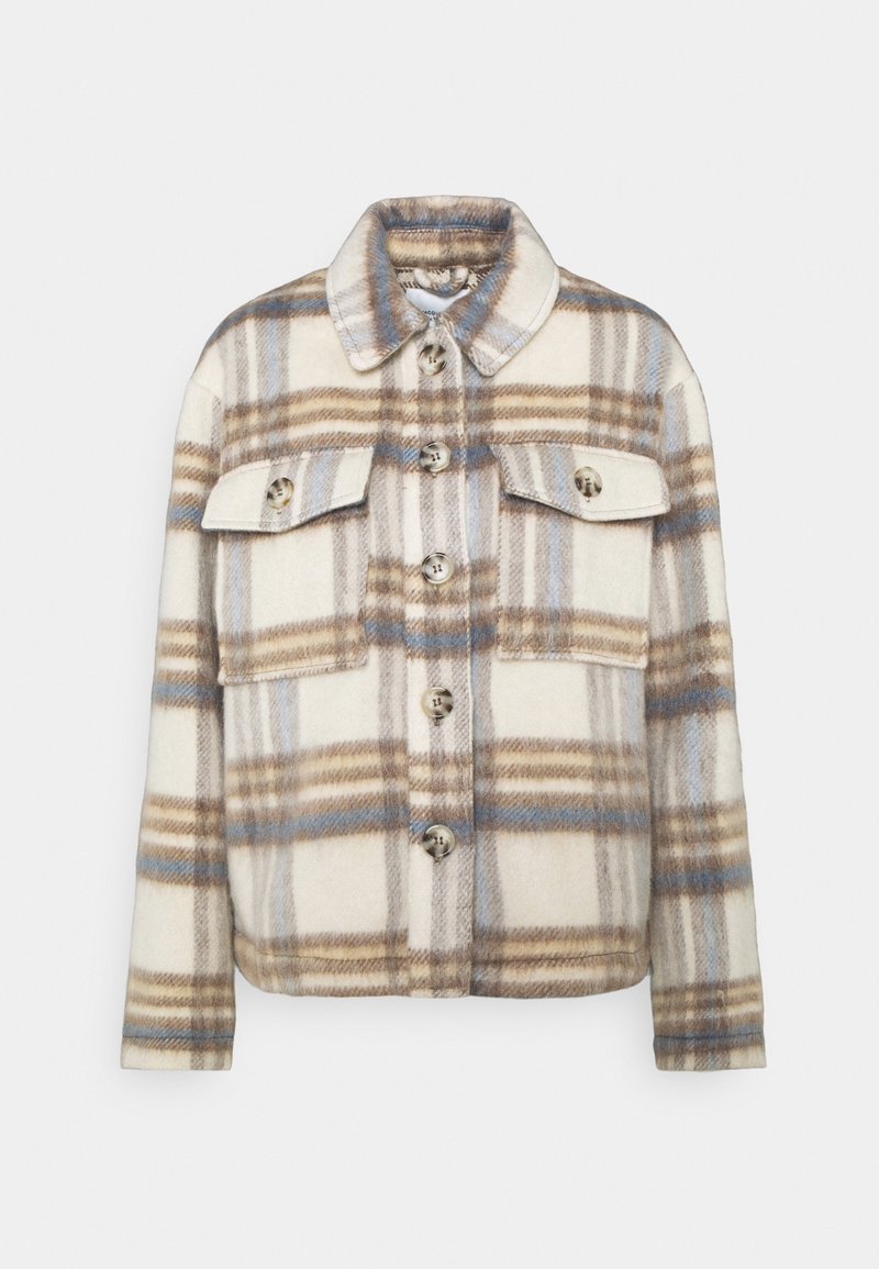 Veste boutonnée avec motif à carreaux beige, marron et bleu, manches longues, col et deux poches poitrine avant boutonnées.