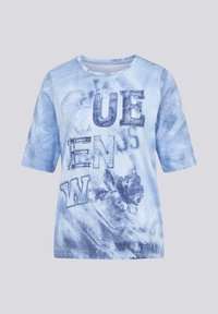 Light blue cotton t-shirt with short sleeves, featuring mixed text graphics and floral patterns in darker blue tones. Round neckline.