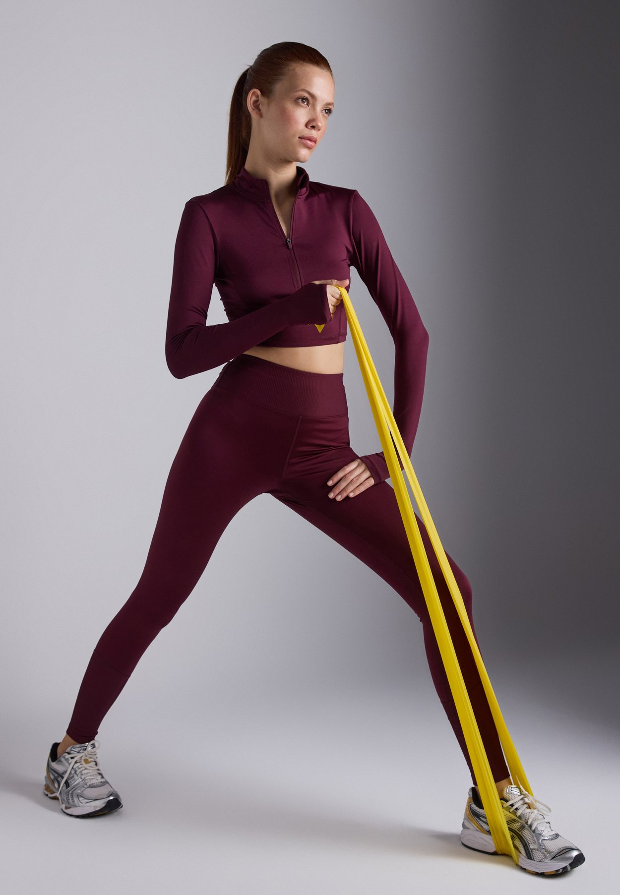 CROPPED HIGH NECK LONG SLEEVE TOP WITH 1/2 ZIP &THUMB HOLES