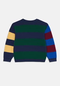 Pullover mit auffälligen horizontalen Streifen in Marineblau, Grün, Gelb und Bordeauxrot. Strickstruktur mit rundem Halsausschnitt und langen Ärmeln.