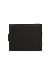 Zwarte leren portemonnee, rechthoekige vorm, gladde textuur, minimale stiksels, met een kleine zijklep voor sluiting.
