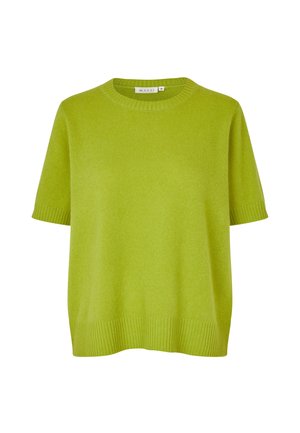 Suéter de manga corta de color verde lima con escote redondo, confeccionado en material suave, con detalles de punto acanalado en el dobladillo y las mangas.