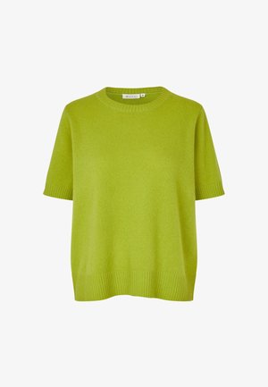 Limettengrüner Pullover mit kurzen Ärmeln und Rundhalsausschnitt, gefertigt aus weichem Material, mit gerippten Strickakzenten am Saum und an den Ärmeln.