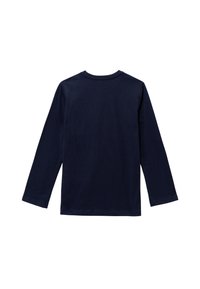 Marineblaues Langarmshirt aus weicher Baumwolle. Verfügt über einen runden Halsausschnitt und einen geraden Schnitt mit gestickten Säumen. Einfaches, schmuckloses Design.