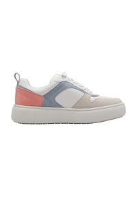 Vit sneaker med grå, rosa och beige mocka detaljer. Rund tå, tjock sula och snördesign, med en liten hälflik för enkel påtagning.