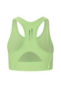 Ljusgrön sportbh med racerback-design, slät textur och meshnätpanel med vertikala skärningar för ventilation.