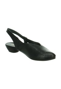 Schwarzer Leder Slingback-Schuh mit spitzem Zehenbereich, niedrigem, gestapeltem Absatz und diagonalen Nahtdetails für zusätzlichen Textur.