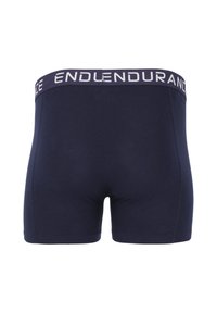 Navy blue boxers made of smooth fabric, featuring a wide waistband with "ENDURANCE" printed in white. Classic, fitted design.