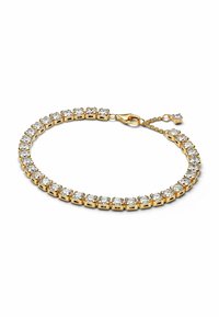 Gold bracelet featuring clear, round rhinestones set in square metal links, with a lobster clasp and an adjustable chain.