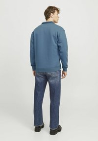 Blue sweatshirt with a relaxed fit and ribbed cuffs, paired with loose-fitting jeans in a medium wash and black shoes. Plain background.