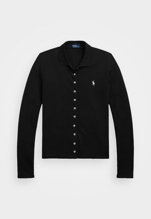 Black long-sleeve polo shirt made of cotton, featuring a button-up front, collar, and a small embroidered logo on the left chest.