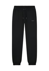 Zwarte sweatpants van zachte stof, met een elastische tailleband met een trekkoord, zijzakken en elastische boorden bij de enkels.