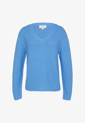 Pull en tricot bleu avec un décolleté en V, des manches longues et une texture côtelée. L'étiquette visible au niveau du col indique la marque et la taille.