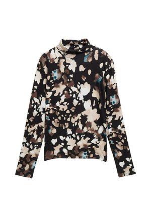 Top noir à col roulé avec un motif floral dans des teintes beige, marron et canard ; texture côtelée ; manches longues ; silhouette ajustée.