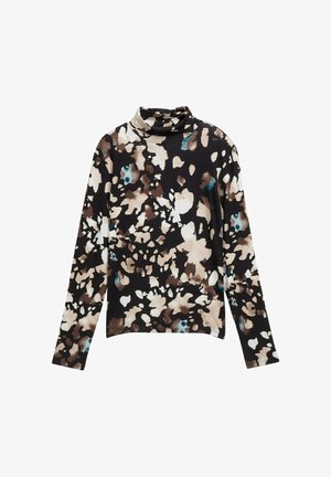 Fekete garbó felső virágmintával bézs, barna és teal árnyalatokban; bordázott textúra; hosszú ujjak; testhezálló sziluett.