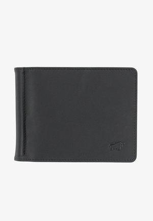 Portafoglio in pelle nera con superficie liscia, design bifold e dettaglio del logo in rilievo. Bordi cuciti e slot per carte visibile sul lato.