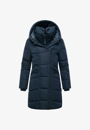 Navy blue padded coat featuring a large hood, zip front, and two side pockets with ribbed cuffs and quilted texture.