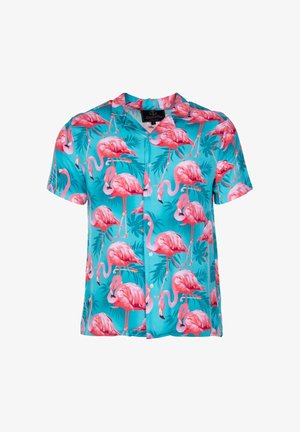 Korte mouwen overhemd in turquoise stof met een levendig patroon van roze flamingo's en groene bladeren. Met knopen aan de voorkant en een klassieke kraag.