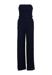 Combinaison en dentelle bleu marine avec un design sans manches, des jambes larges et une taille ceinturée. Le matériau présente un motif floral avec texture.