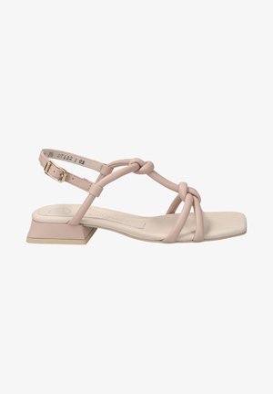 Blush-pink Blockabsatzsandalen mit dünnen Riemen und einem geknoteten Design. Quadratische Zehenpartie, gepolsterte Innensohle und verstellbarer Knöchelriemen.
