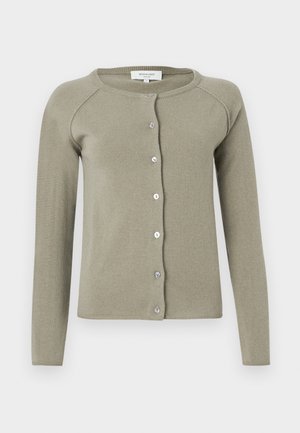 Cardigan lungo in lana di colore verde oliva chiaro, con maniche lunghe, scollo rotondo e chiusura frontale con bottoni, esposto su uno sfondo bianco neutro.