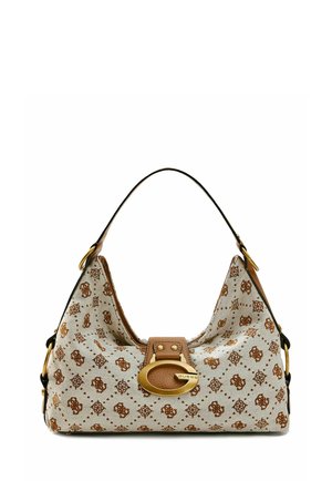 Sac à épaule beige et marron à motifs avec un grand fermoir doré en forme de logo « G » et une anse incurvée unique.