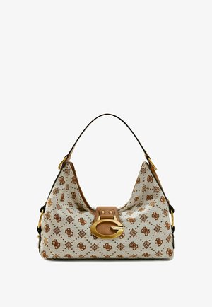Sac à épaule beige et marron à motifs avec un grand fermoir doré en forme de logo « G » et une anse incurvée unique.