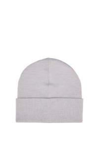 Grijze gebreide muts met een afgeronde bovenkant en een omgevouwen boord, gemaakt van zacht, gestructureerd materiaal, met een naadloze constructie.