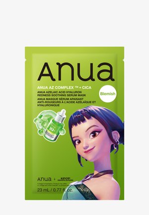 Emballage de masque sérum apaisant pour imperfections Anua avec fond vert, illustration du compte-gouttes du produit et personnage féminin animé aux cheveux courts et foncés.