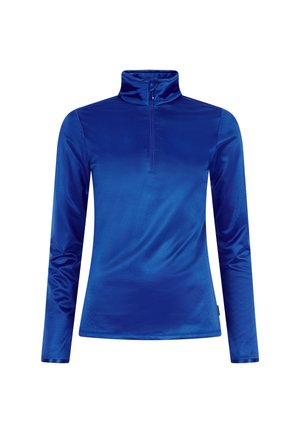 Pitkähihaisen, vetoketjullisen topin sileä, kirkas sininen kangas. Ominaisuuksiin kuuluu korkea kaulus ja tiukka siluetti. Pehmeä rakenne, jossa on minimaalinen suunnittelutyyli.