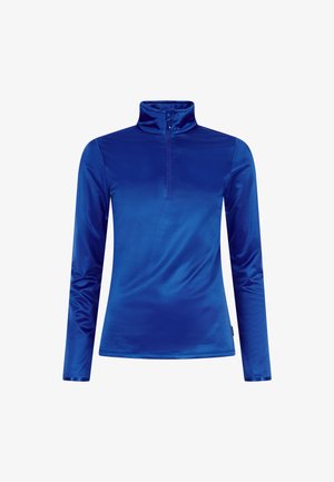 Pitkähihaisen, vetoketjullisen topin sileä, kirkas sininen kangas. Ominaisuuksiin kuuluu korkea kaulus ja tiukka siluetti. Pehmeä rakenne, jossa on minimaalinen suunnittelutyyli.