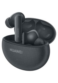 Black wireless earbuds in a rounded, textured case. Case displays the "HUAWEI" logo. Earbuds have a smooth finish and ergonomic design.