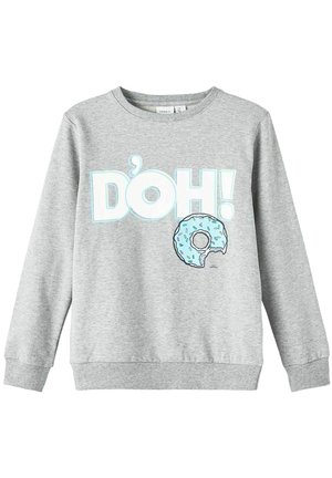 Grå sweatshirt med teksten "D'OH!" og en blå glasurbelagt donut med et bid på forsiden, ribstrikkede manchetter og kant.