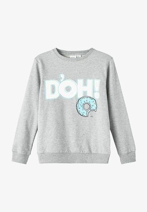 Sweat-shirt gris avec le texte "D'OH!" et un donut bleu givré avec une bouchée manquante sur le devant, poignets et ourlet côtelés.